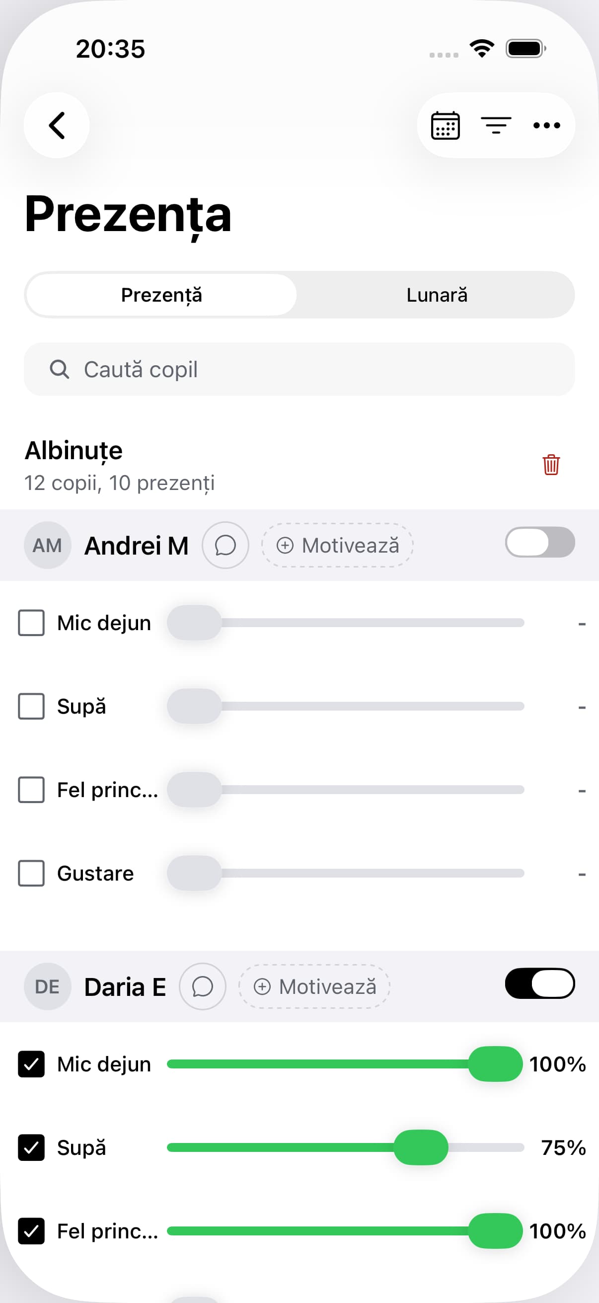 Conducere · iOS. Prezența copiilor și mesele zilei, completate de echipă.