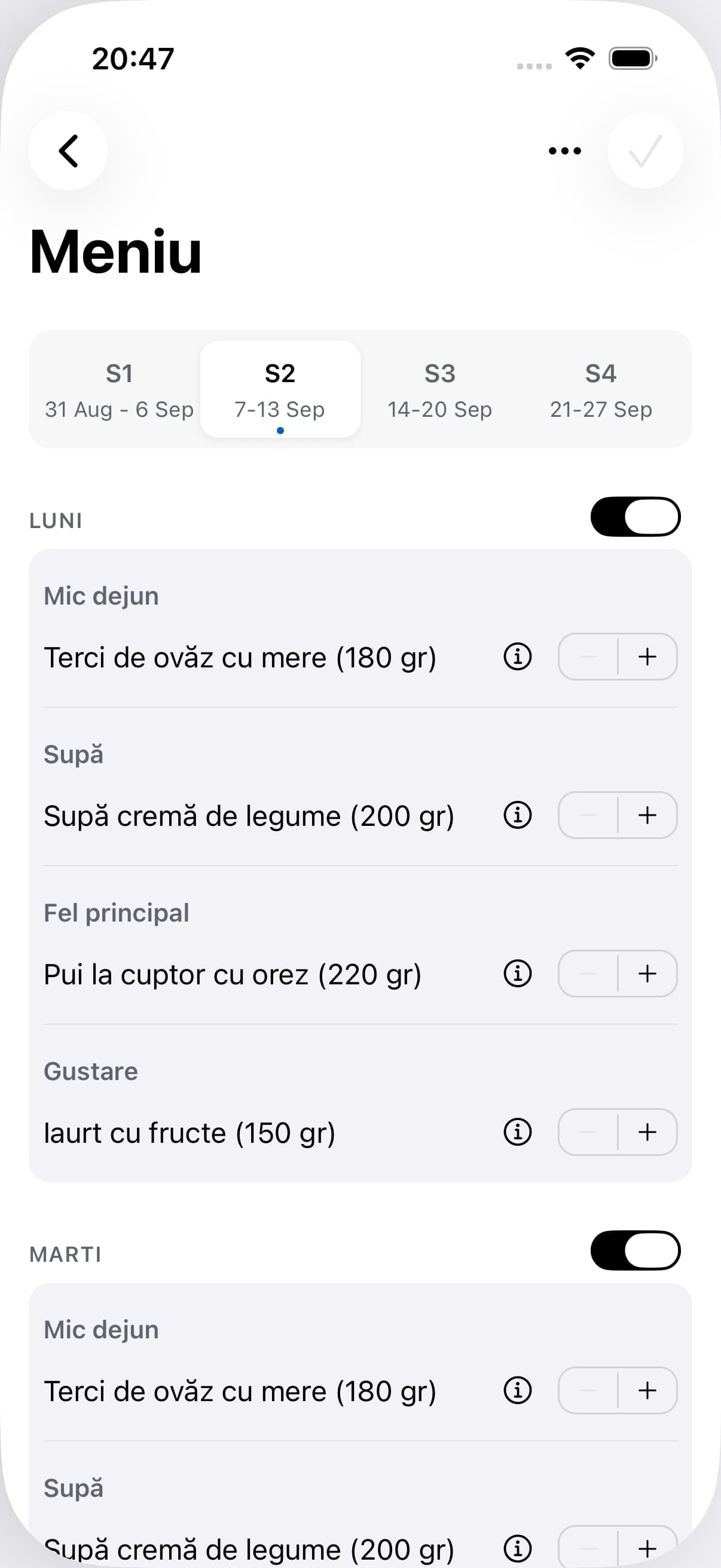 Conducere · iOS. Meniul cu preparatele și mesele zilei.