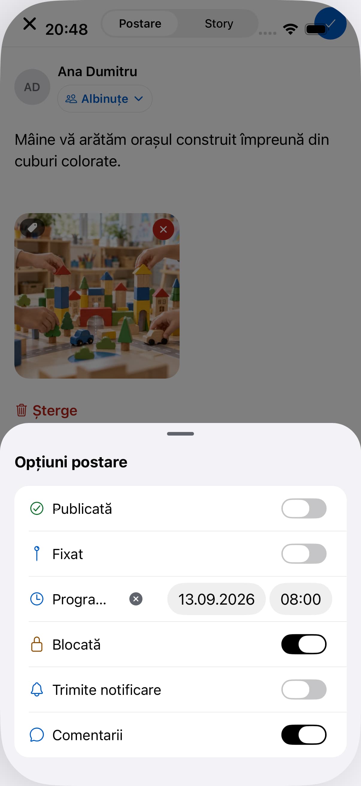Conducere · iOS. Pregătirea unei postări și opțiunile de publicare.