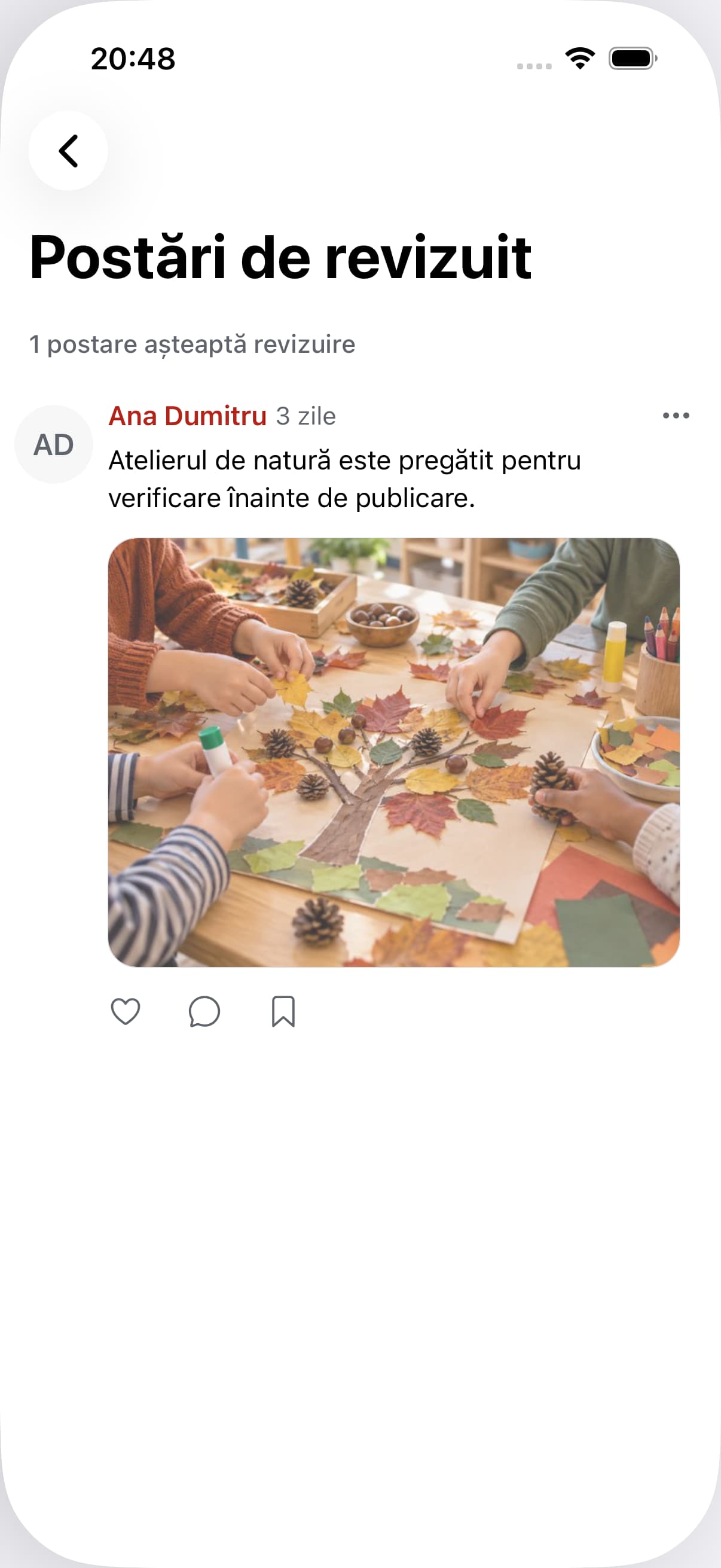Conducere · iOS. Postările echipei, pregătite pentru verificare înainte de publicare.