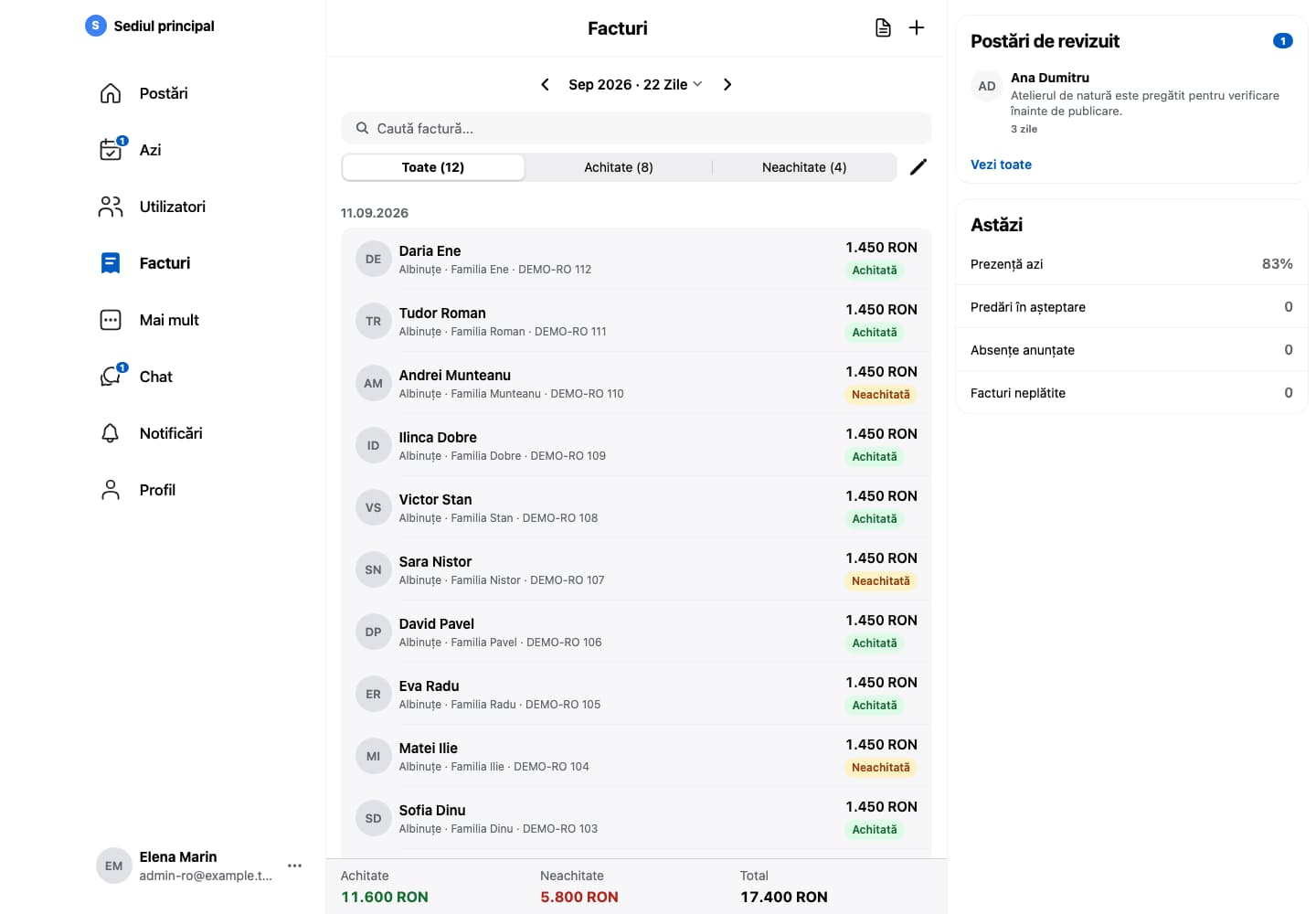 Conducere · Web. Facturile emise și starea încasărilor înregistrate.