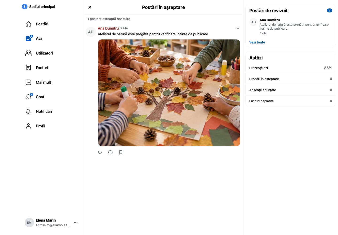 Conducere · Web. Postările echipei, pregătite pentru verificare înainte de publicare.